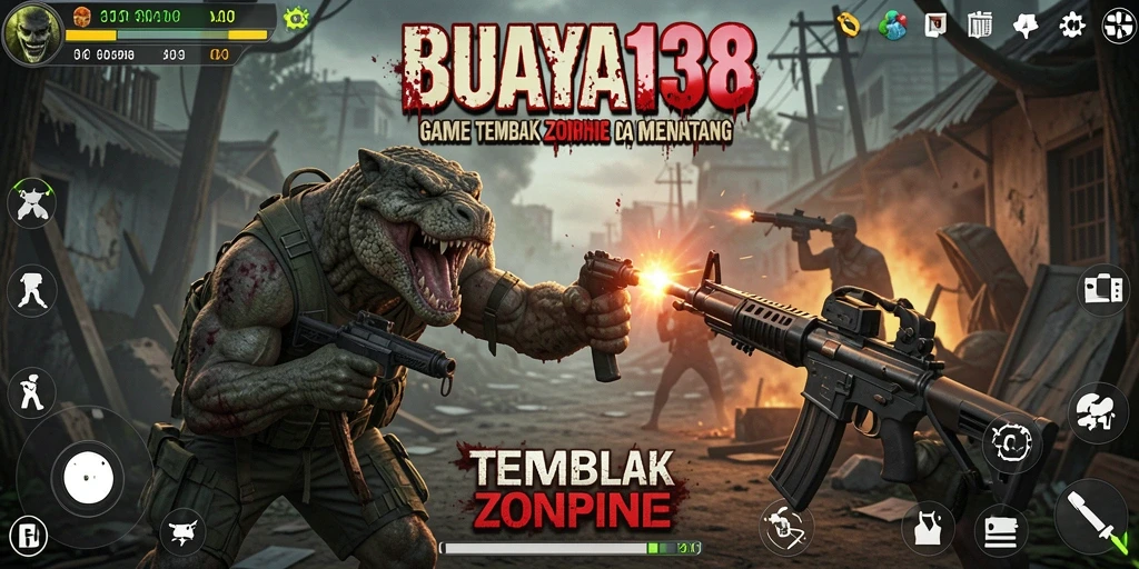 Antarmuka permainan BUAYA138 menunjukkan aksi tembak menembak melawan zombie.