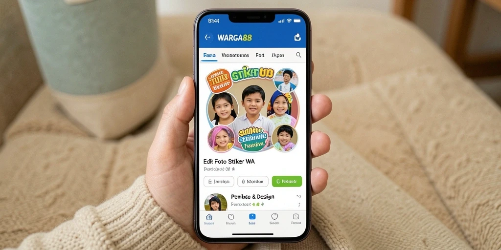 Screenshot antarmuka aplikasi WARGA88 dengan berbagai fitur desain stiker.